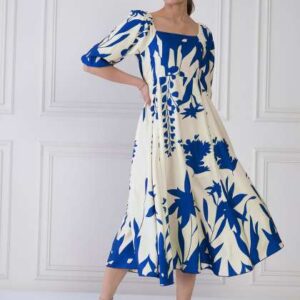 Antheaa Tie and Dye Print Puff Sleeve Crepe ALine