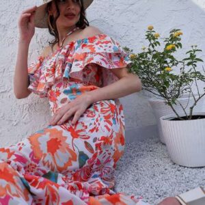 Athena Orange Floral Printed Halter Neck Tiered Ga