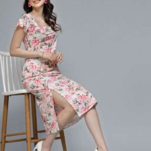 Fabway Clothing Women Floral Printed Crepe Bodycon Midi Dress