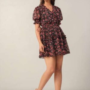 June 9 Clothing Floral Printed Chiffon Fit  Flare Mini Dress