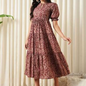 KALINI Floral Printed Mandarin Collar Puff Sleeves