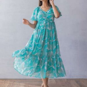 Polago Clothing Floral Printed VNeck Empire Midi D