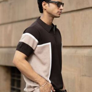 Powerlook SS25 Colourblocked Polo Collar Pure Cotton TShirt