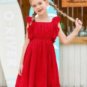 R Cube Girls Square Neck Cap Sleeves Self Design F