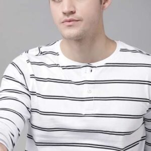 Roadster Men White  Navy Blue Pure Cotton Striped