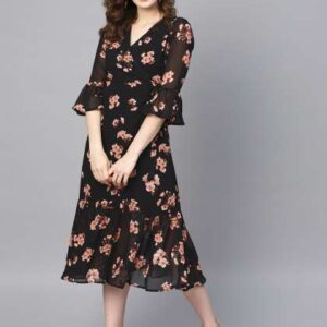 SASSAFRAS Black  Pink Floral Printed Wrap Dress