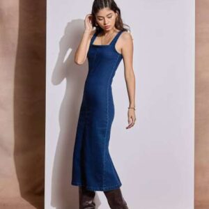 SASSAFRAS Womens Denim Bodycon Midi Dress