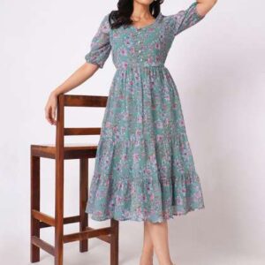 Selvia Floral Print Puff Sleeve Fit  Flare Dress